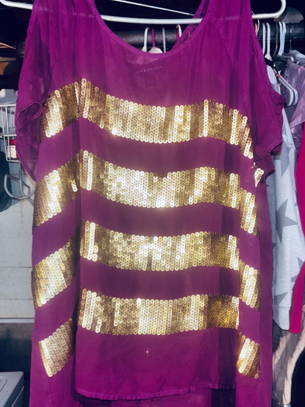 Rock & Republic Magenta Sheer Top with Gold Sequin Stripes